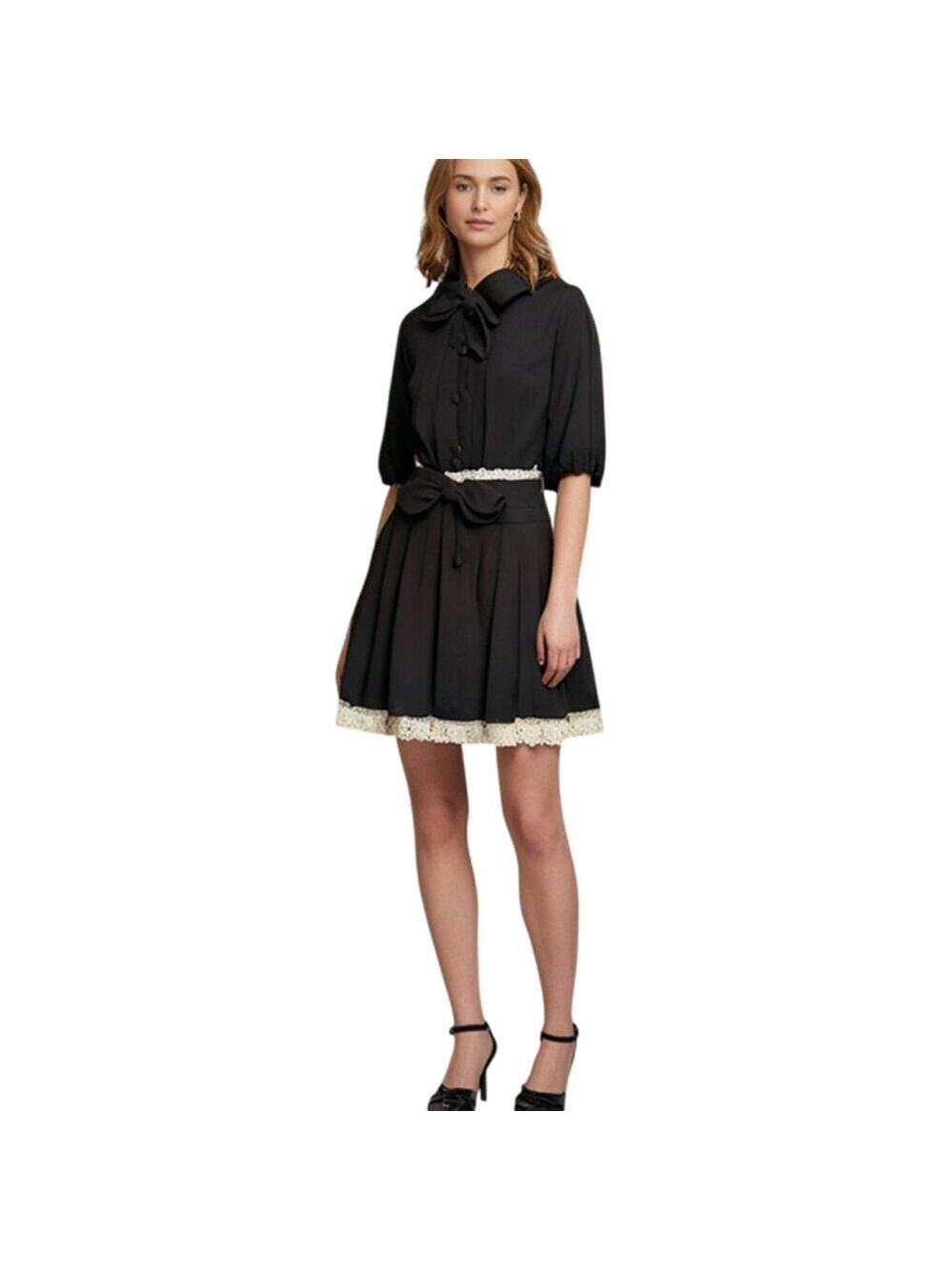 Divided by H & M Black Pleated Button Front Skirt With Lace Underskirt Size 8